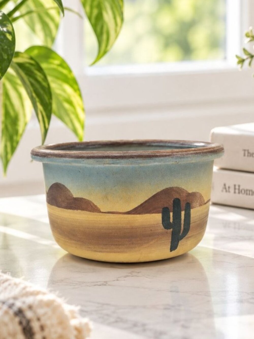 Hand-Painted Desert Scene Ceramic Planter Bowl Cactus Design Rustic Vintage Déco
